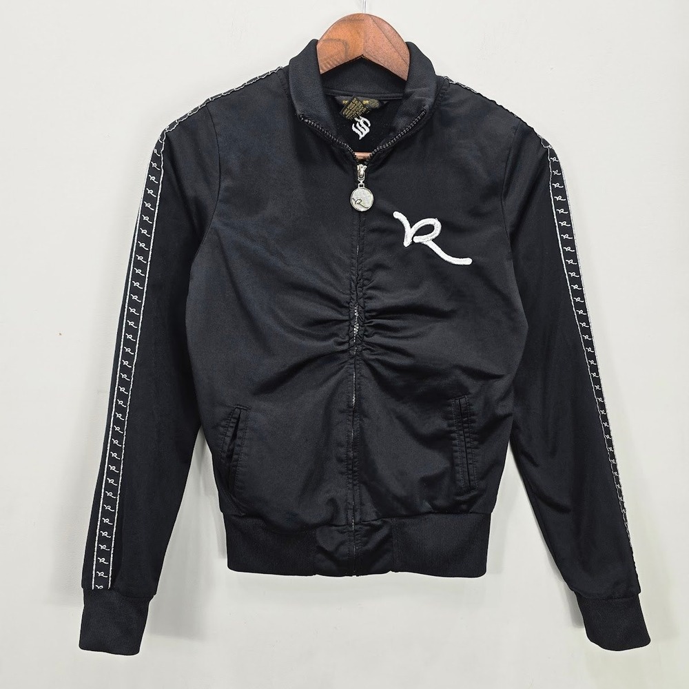 Rocawear Womens Black Ruched Track Jacket Athletic Casual Zip Up Logo Size M